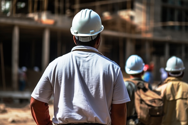 A safety worker wearing a protective helmet in a destroyed construction site. Generative AI